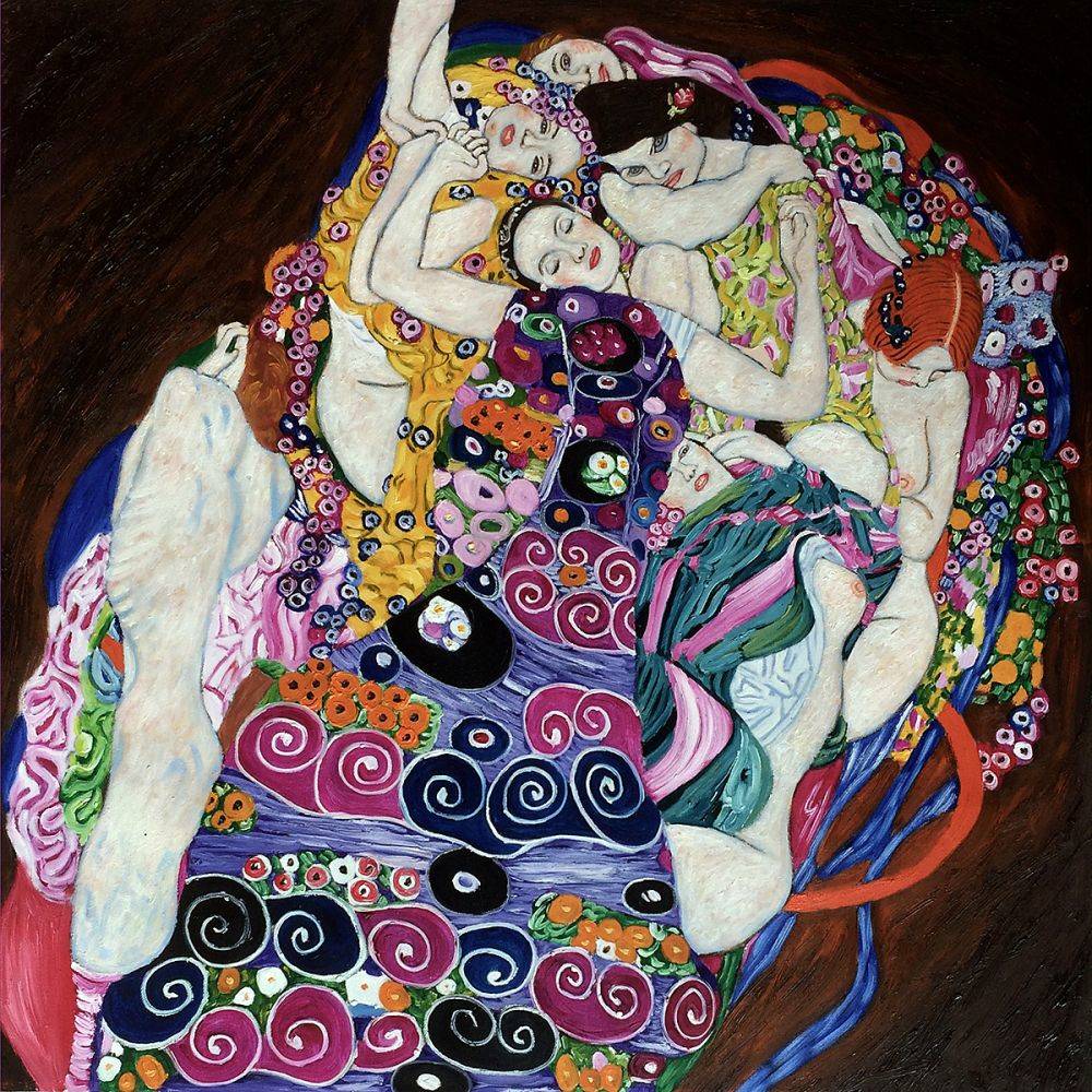 Klimt painting of woman in elaborate patterned robes with swirling colorful decorative elements