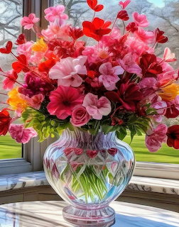 Colorful mixed flower bouquet in decorative glass vase on windowsill with natural light