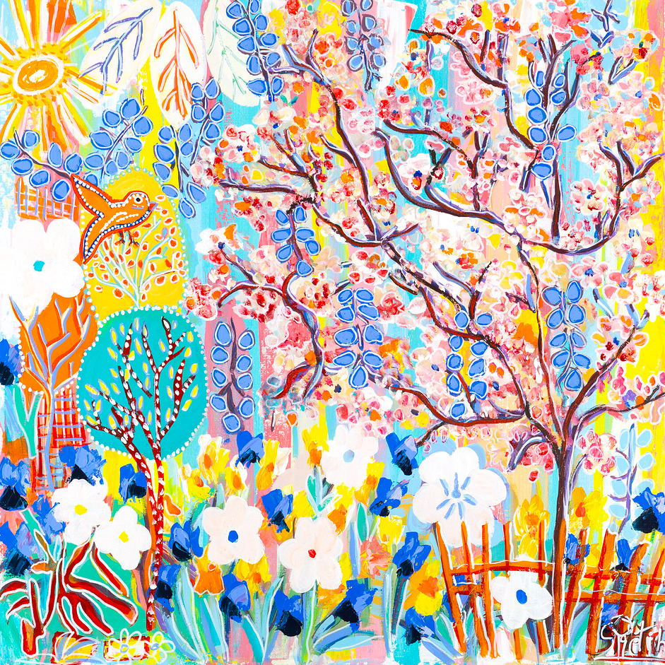 Colorful whimsical garden painting with white flowers, patterned trees, a small deer, and a sun