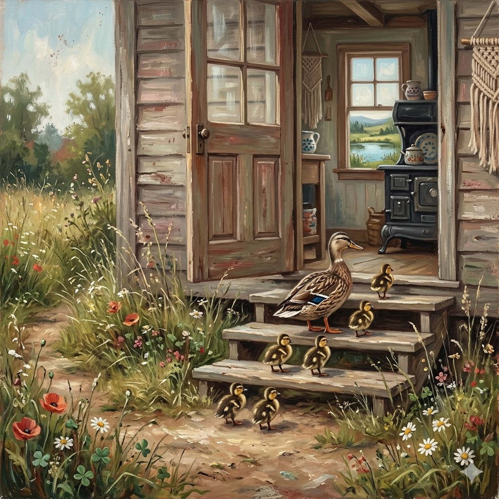 Mother duck and ducklings climbing wooden steps to cottage porch with wildflowers