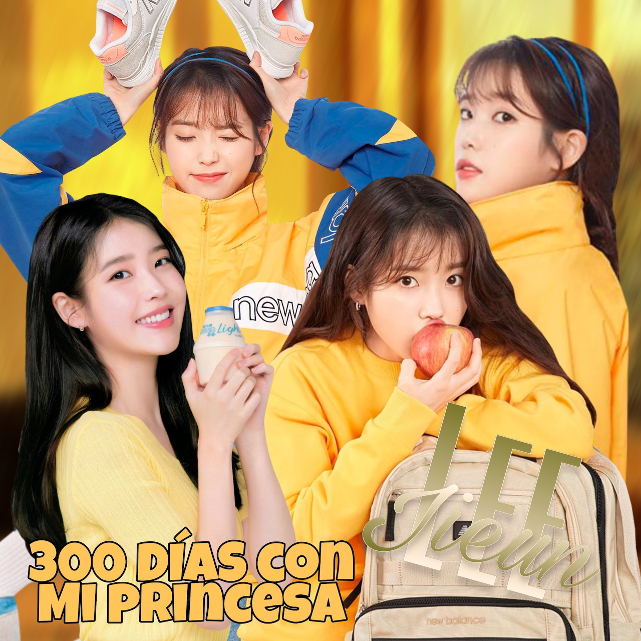 Four women wearing yellow hoodies sitting together, two holding apples