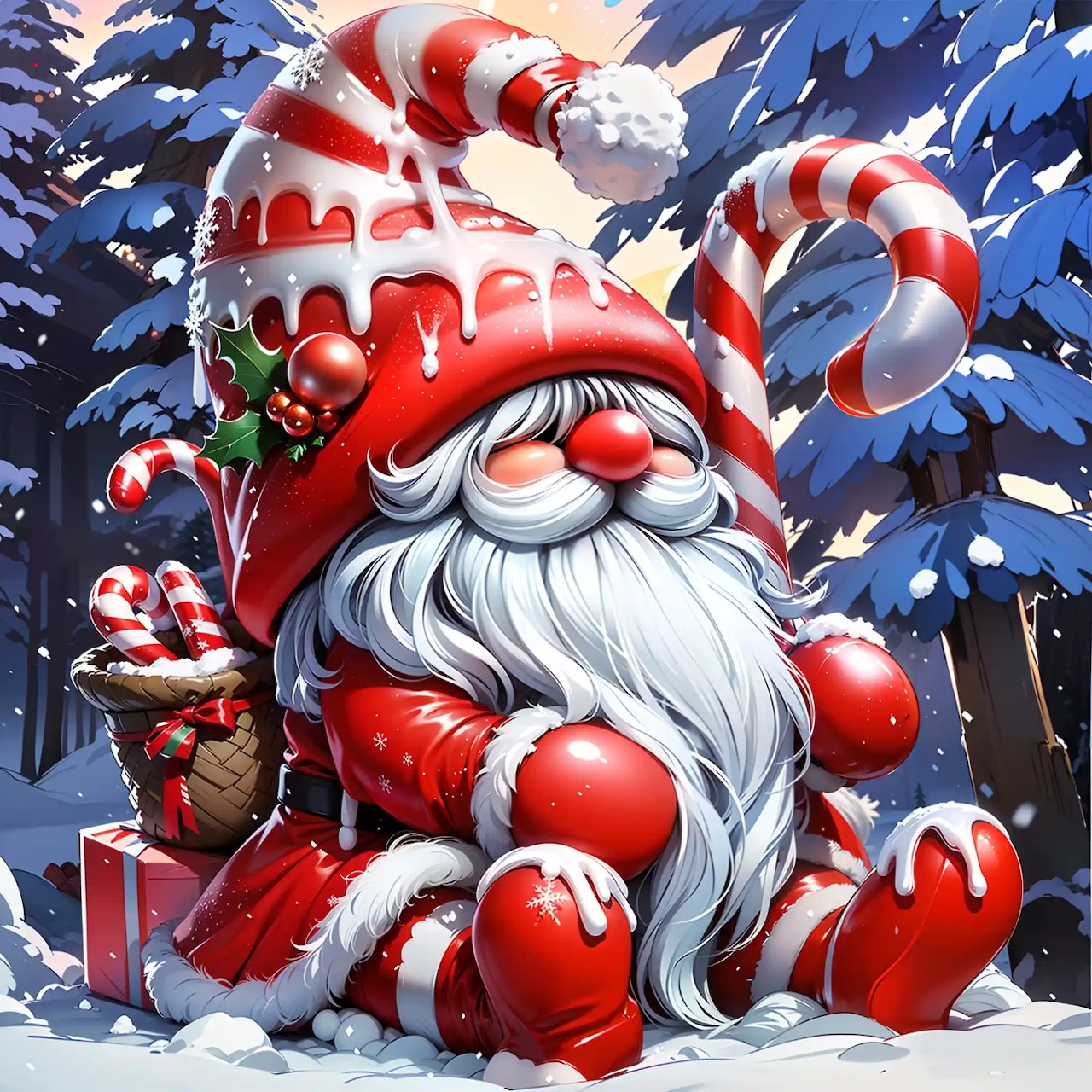 Christmas gnome in Santa hat and red outfit with white beard, candy canes and gifts in snow