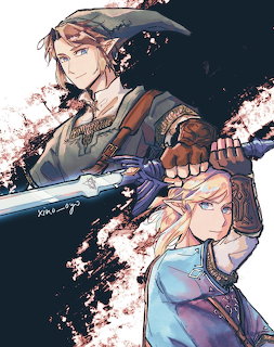 Anime-style Link holding a sword above Princess Zelda on a dark abstract background