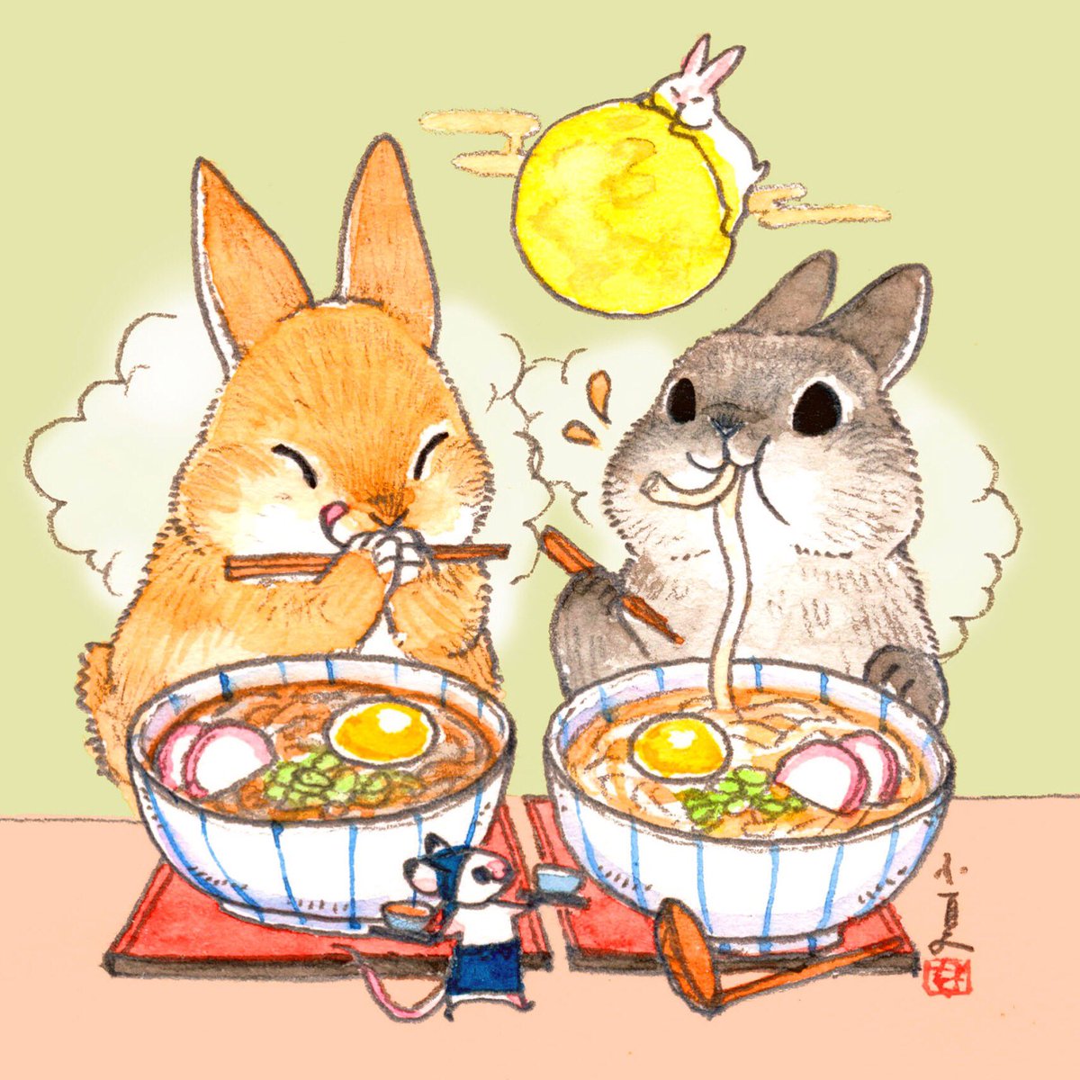 Illustrated rabbits eating ramen with a small mouse and a full moon overhead