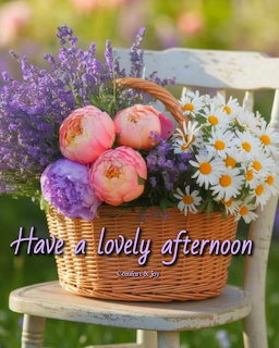 Wicker basket with pink peonies, white daisies, and lavender on a white garden chair