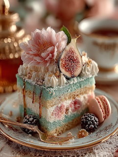 Layered cake slice with pink flower, fig, cream, and berries on decorative plate