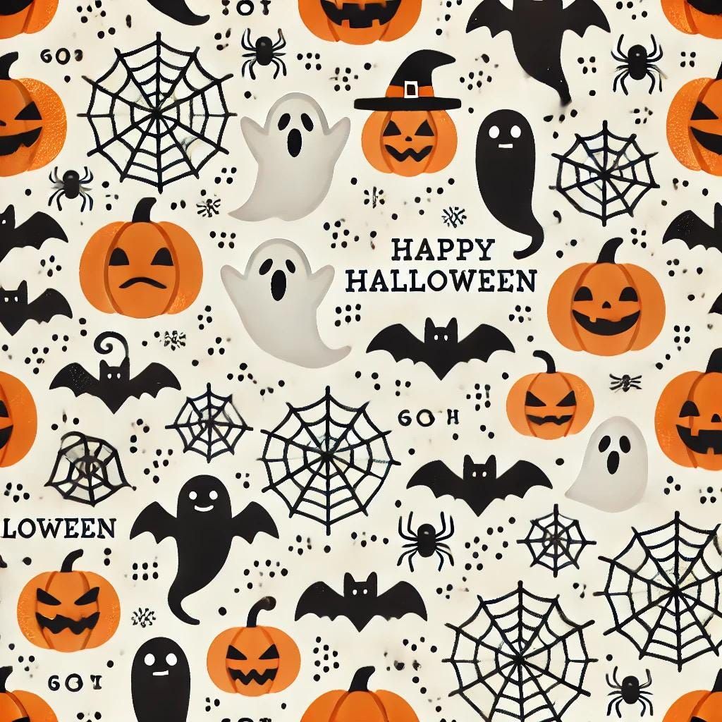 Halloween pattern with jack-o'-lanterns, ghosts, bats, spiders, and spiderwebs