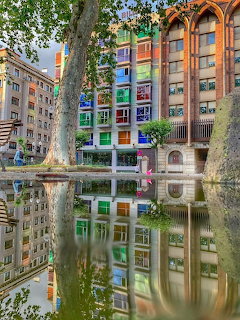 Vibrant multi-colored buildings reflected in river water with trees in foreground, Bilbao waterfront
