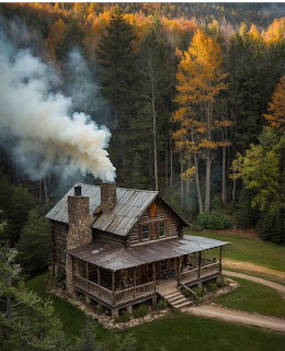 Rustic log cabin with smoking chimney surrounded by colorful autumn trees in a forest clearing