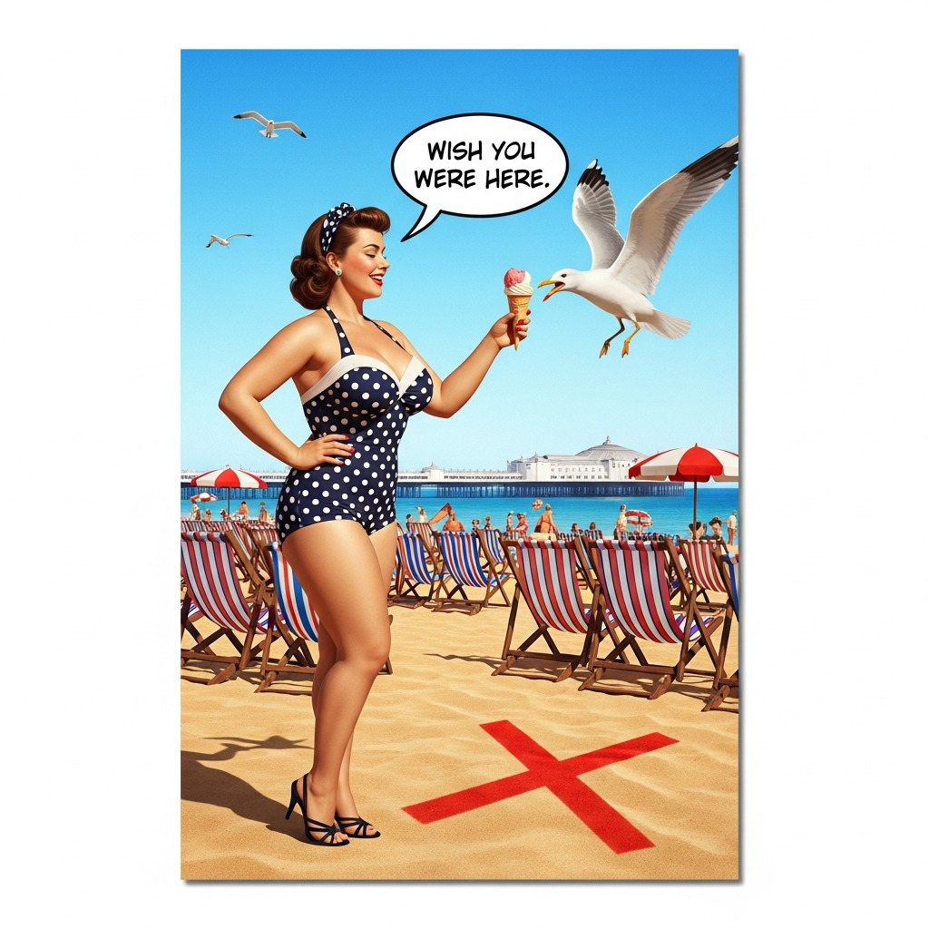 Vintage Beach Postcard Woman Seagull