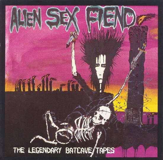 Illustrated album cover showing a spiky-haired figure, skeletal form, pink sky, and dark skyline