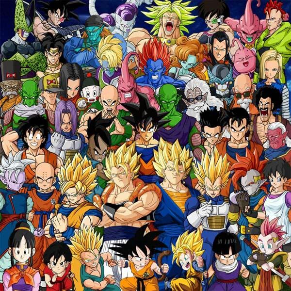 Colorful collage of many Dragon Ball anime characters in a crowded group portrait