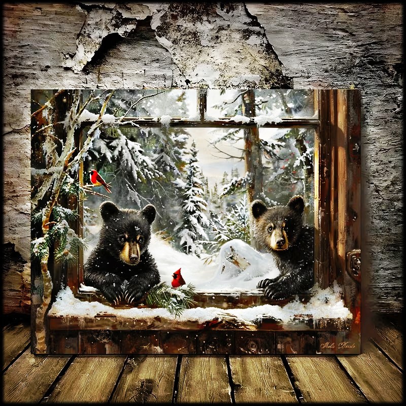 Two bear cubs at a snowy rustic window with winter trees and red cardinals