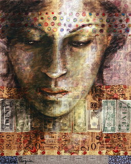 Mixed media Buddha portrait with decorative patterns and textured warm tones