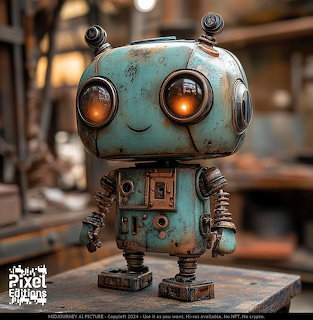 Cute turquoise steampunk robot with glowing orange eyes standing on a wooden block