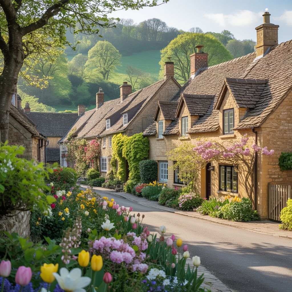 Traditional honey-colored stone cottages with gardens along a village street in the Cotswolds, England