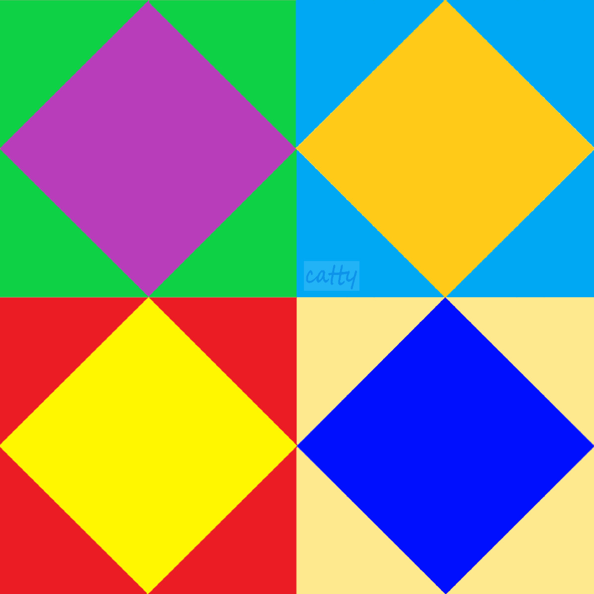 Four colorful rotated squares arranged in a grid on bright contrasting backgrounds
