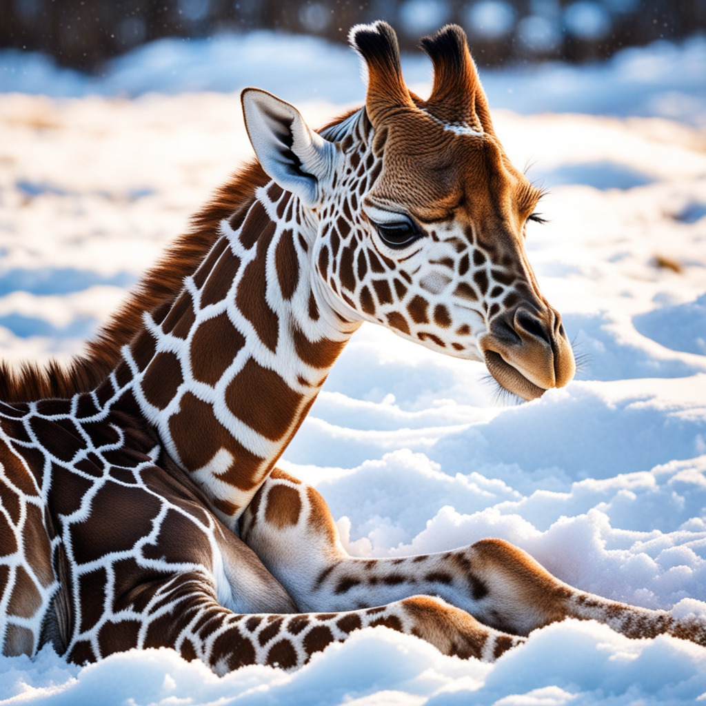 Young giraffe with brown spotted pattern lying in snow, shown in profile against blurred snowy background