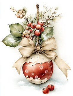 Watercolor Christmas ornament with ribbon, berries and greenery decoration