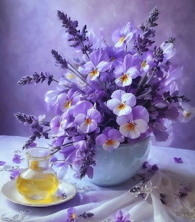 Purple pansies and lavender arranged in a white vase with a glass teacup on a cloth-covered table