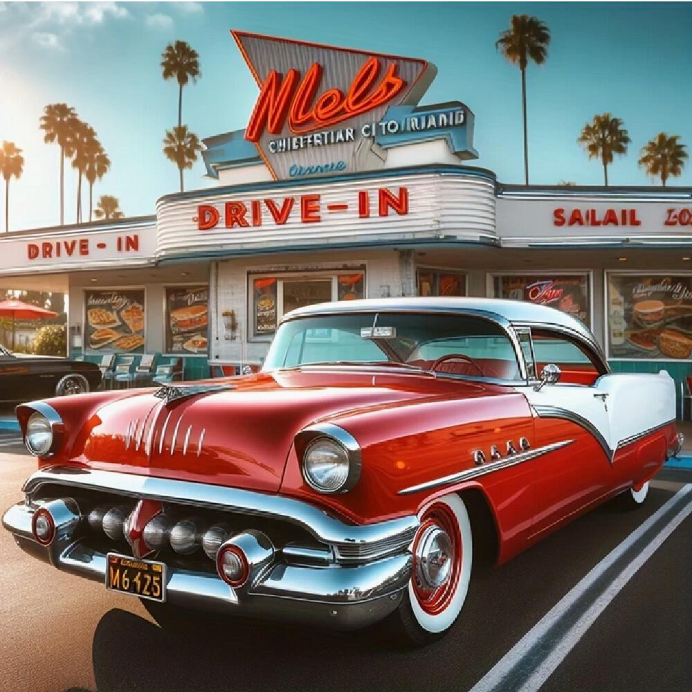 Red vintage car parked in front of a retro drive-in diner with palm trees