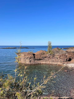 Rocky shore beside calm blue water under a clear sky with a few plants in front