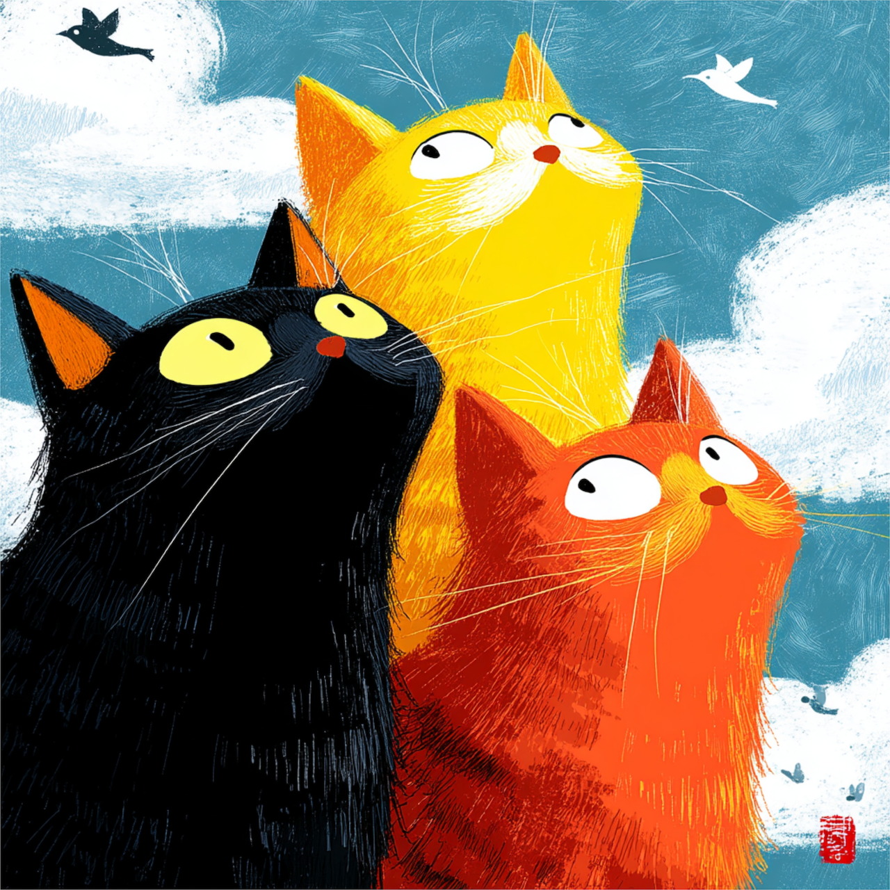 Three cartoon cats in black, orange, and yellow looking up at birds flying in a blue sky