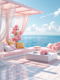 Pink patio seating with sheer curtains and flowers beside a calm ocean view