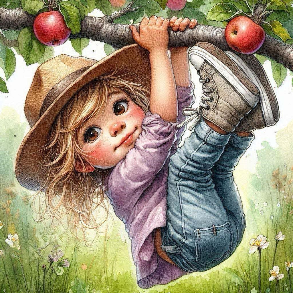 Illustrated girl in straw hat hanging from apple tree branch reaching for apples in sunny meadow