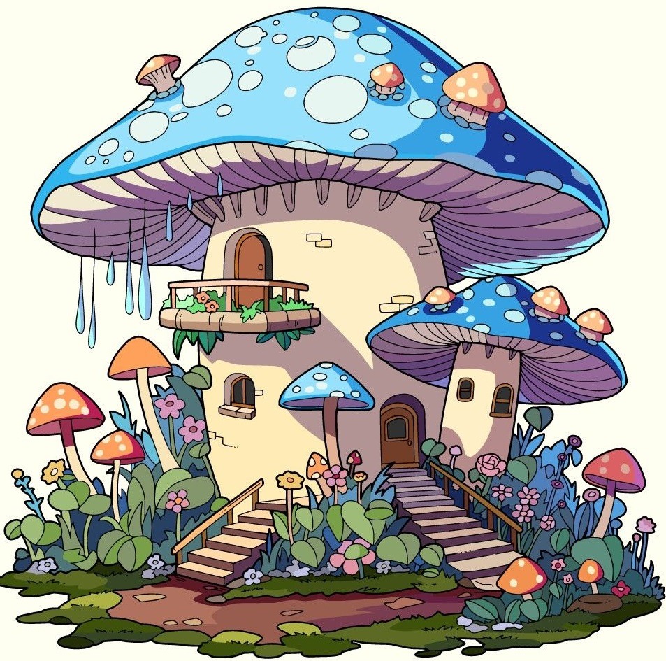 Whimsical illustration of large blue spotted mushroom houses with doors, windows, and surrounding colorful smaller mushrooms