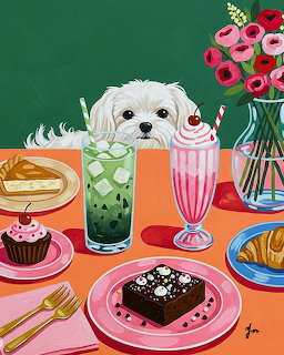 White Dog at Dessert Table