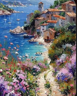 Painting of a coastal village beside a blue cove with a flower-lined path in the foreground