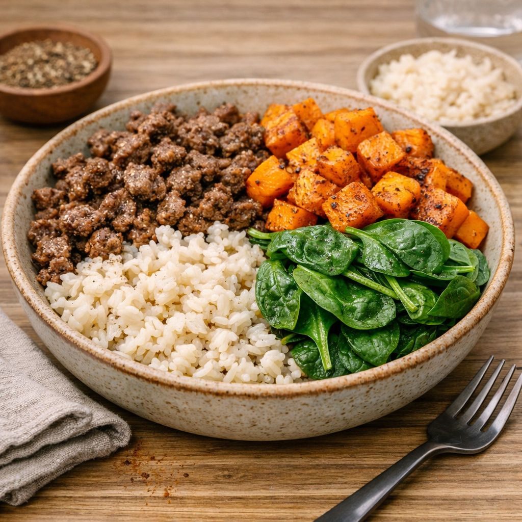 Rice bowl with ground beef, roasted sweet potatoes, spinach, and brown rice on a wooden table
