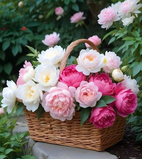 Basket of Peonies and Roses