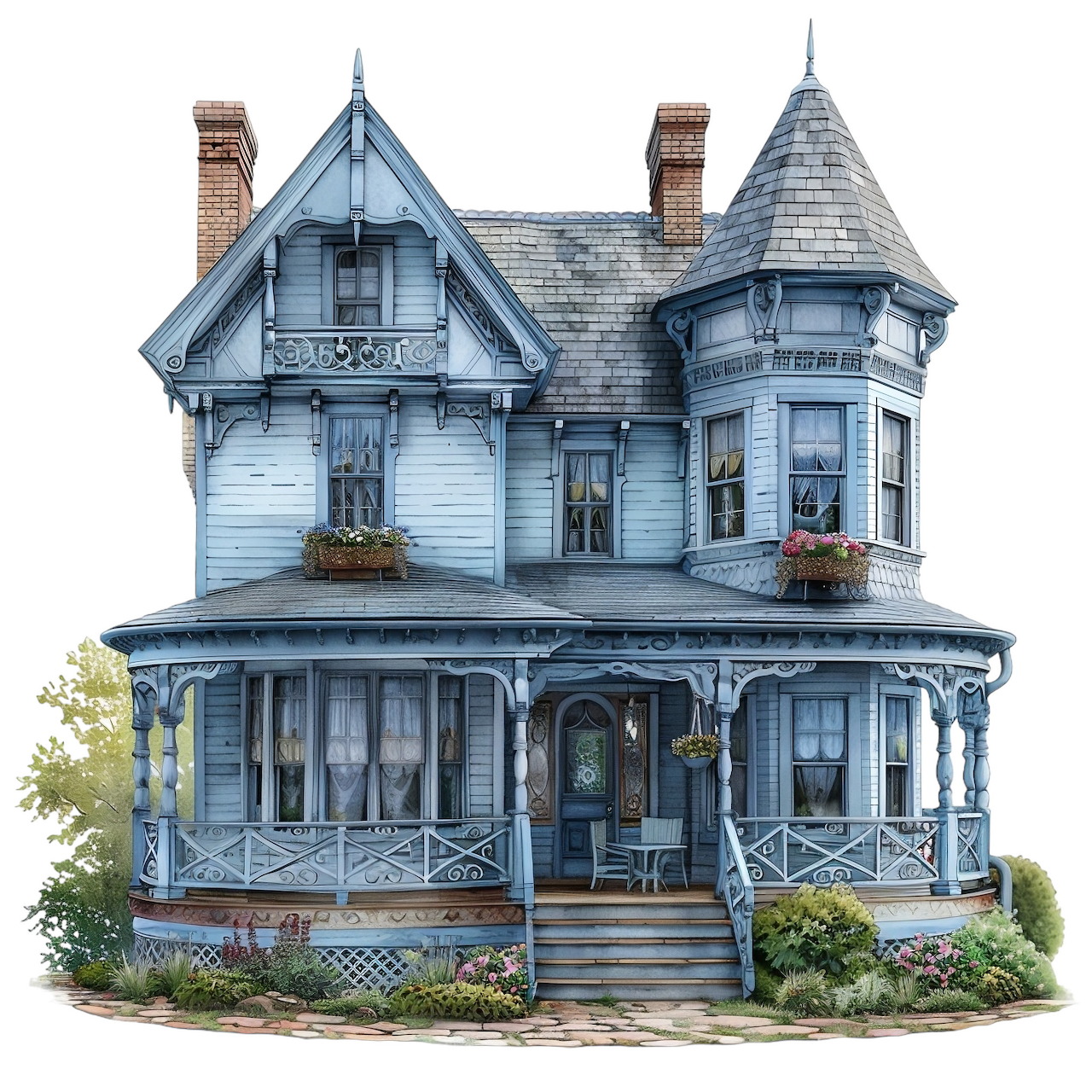 Blue Victorian house with turret and wraparound porch