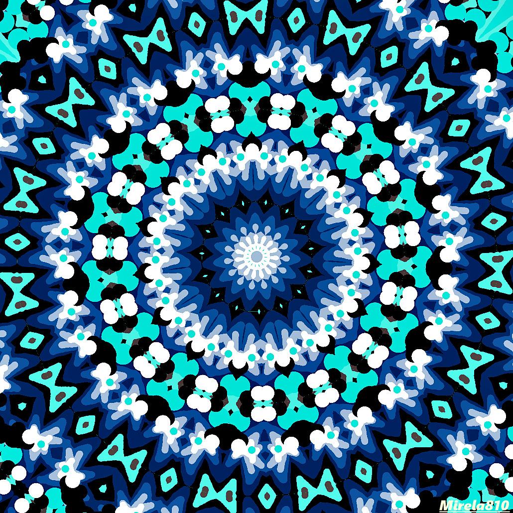 Circular mandala with white floral patterns and turquoise geometric shapes on dark blue background