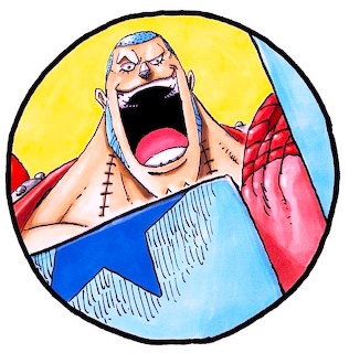 Anime character with blonde hair shouting, wearing blue striped outfit against yellow background