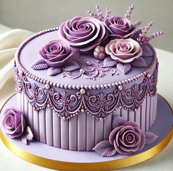 Lavender round cake with ornate icing and purple sugar roses