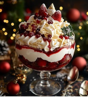 Layered trifle dessert with cream, berries, and Christmas ornaments