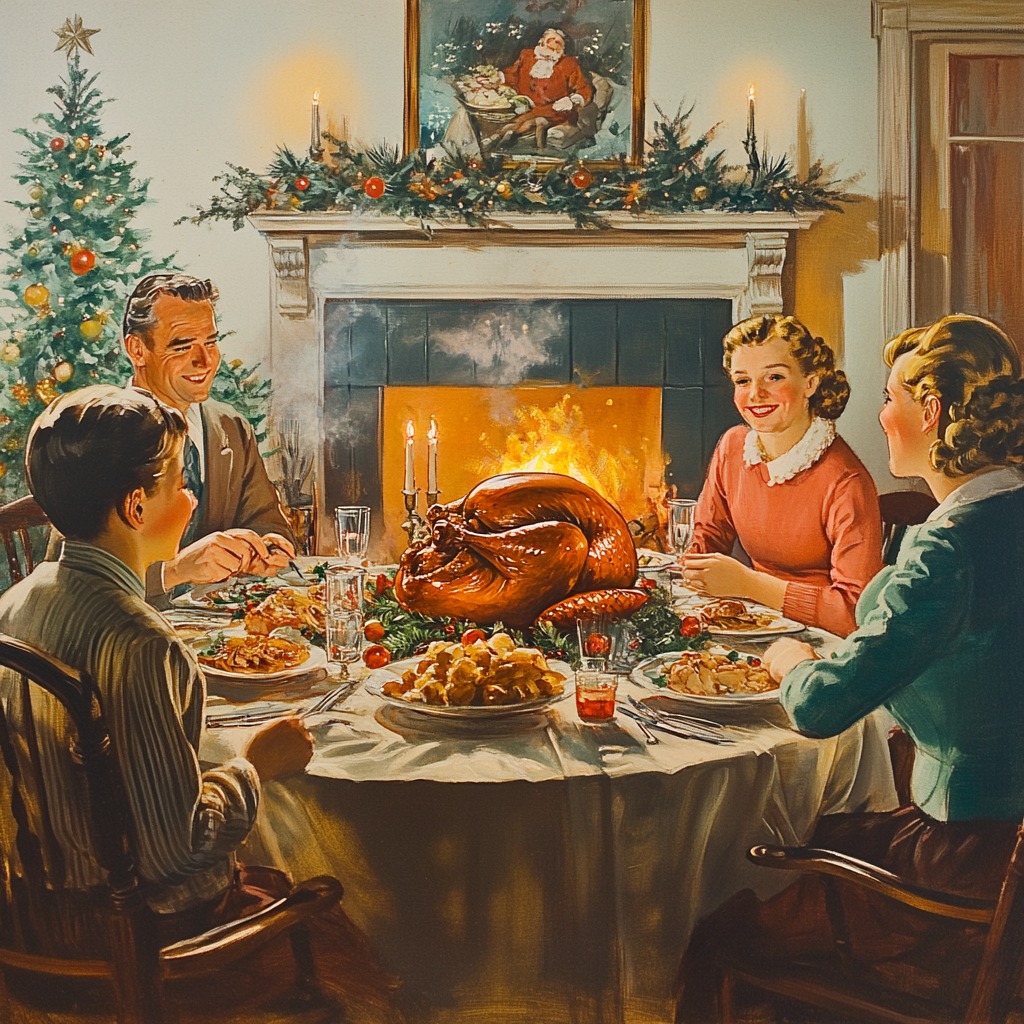Family enjoying Christmas dinner together around table with turkey and fireplace