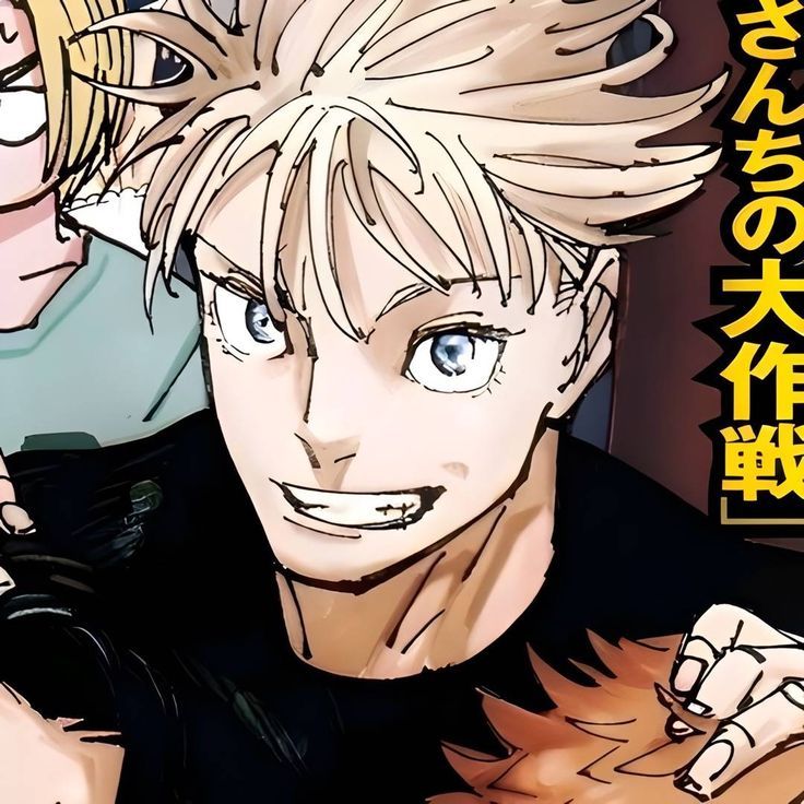 Anime character with white spiky hair, blue eyes, and confident smile wearing black high-collar outfit