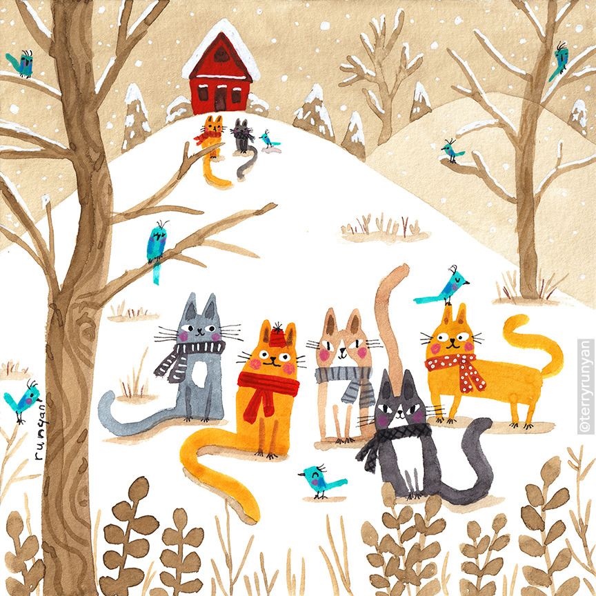 Illustrated foxes in a snowy landscape with bare trees, birds, and a red house on a hill