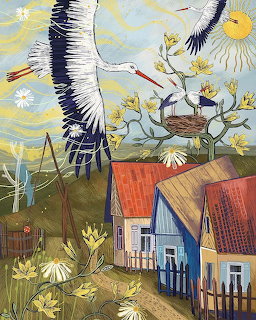 Folk art painting of stork flying above colorful houses and nest in tree with yellow sky and white daisies