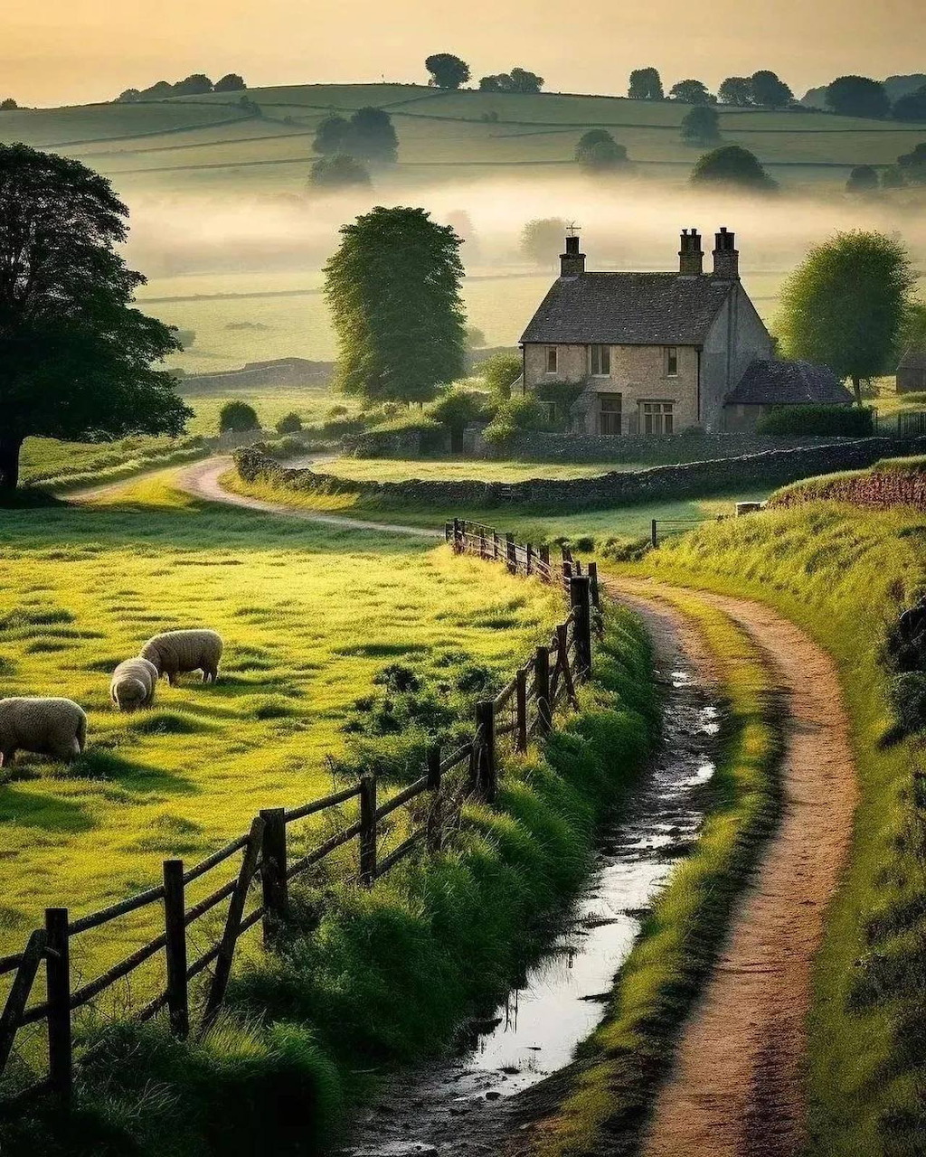 Sunlit country path leading to a stone cottage with sheep in a misty green landscape