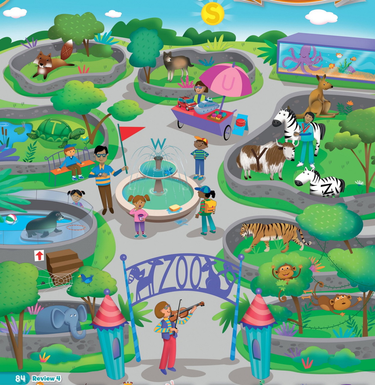 Colorful cartoon zoo with animal pens, visitors, paths, trees, and a zoo entrance gate