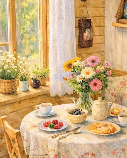 Breakfast table with coffee, pastries, and flowers by a window in a rustic cottage