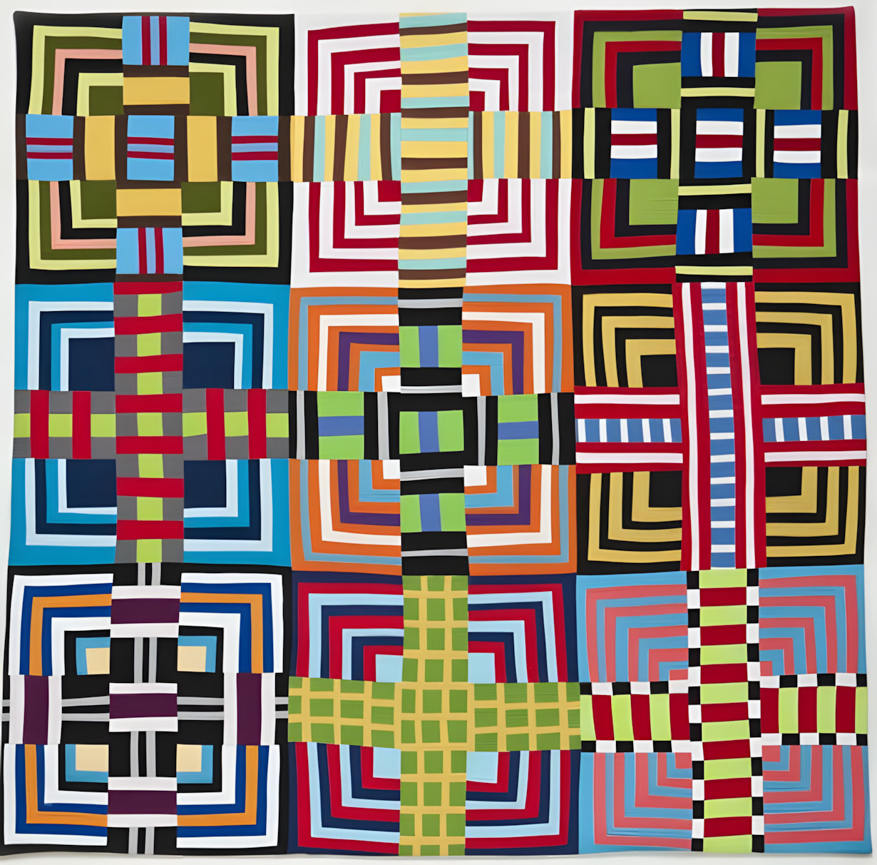 Colorful geometric quilt with nine square blocks showing concentric patterns in bright fabric