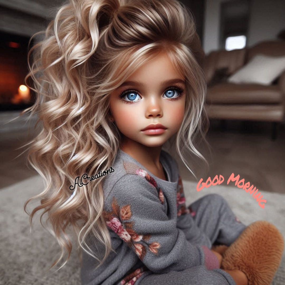 Stylized young girl with long curly blonde hair, large blue eyes, and a teddy bear indoors