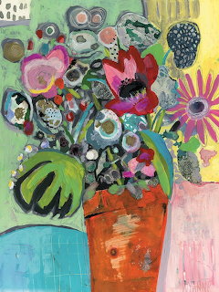 Abstract painting of colorful flowers in orange vase with circles and bold shapes on pastel background