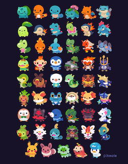 Colorful grid showing 54 chibi Pokemon starter characters in illustrated style on navy background